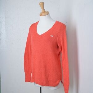 Hollister | Orange & hint of pink knit womens v neck long sleeved sweater
